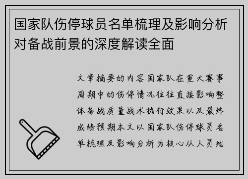 国家队伤停球员名单梳理及影响分析对备战前景的深度解读全面 国家队伤停球员名单梳理及影响分析对备战前景的深度解读全面